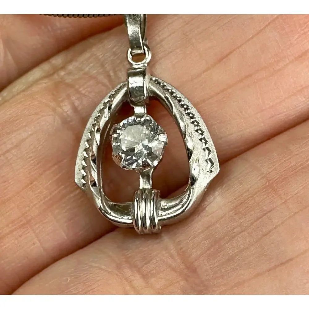 Vintage Sterling Silver Teardrop Pendant Necklace CZ Solitaire Modernist Design